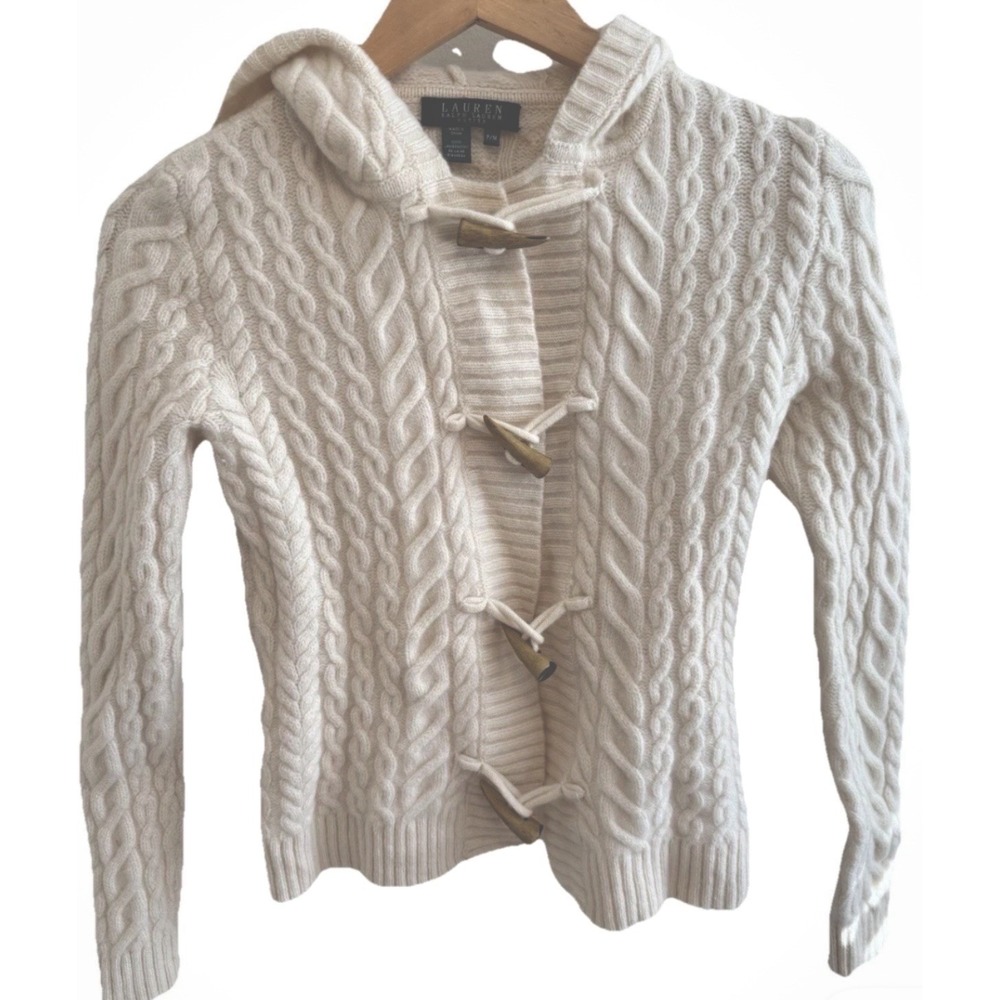 Lauren Ralph Lauren Lambswool Toggle Sweater Petite M Cream Cable Knit Hooded